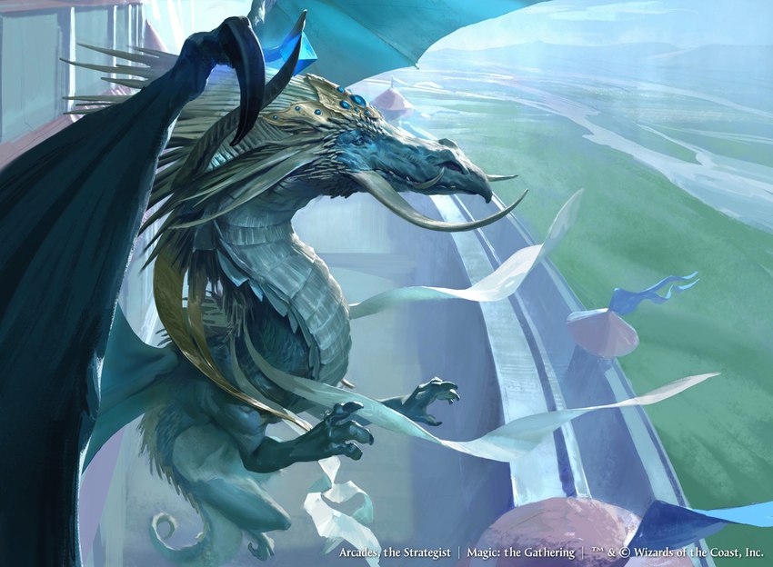 ambiguous_gender biped blue_body blue_eyes blue_gem crown feet feral flag gem green_body headgear landscape ribbons scales solo talons tiara toes tusks wall_(structure) wings even_amundsen hasbro magic:_the_gathering mythology wizards_of_the_coast arcades_sabboth dragon mythological_creature mythological_scalie scalie 2018 absurd_res hi_res official_art