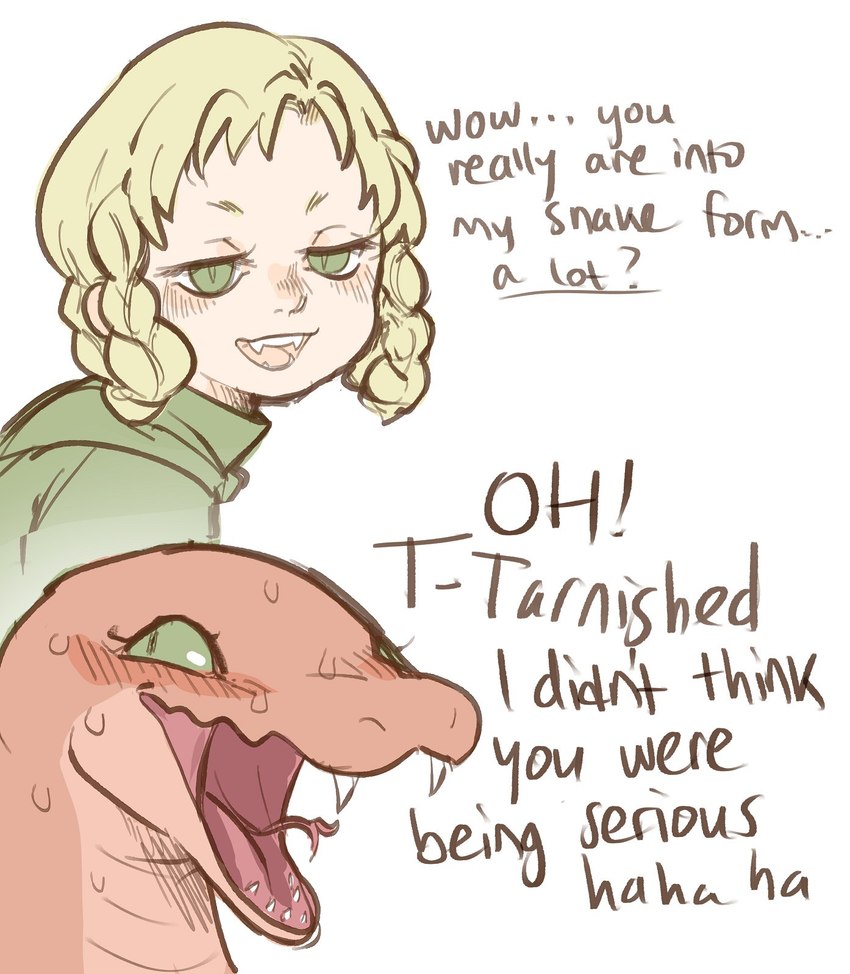 anthro blonde_hair braided_hair fangs female flustered forked_tongue green_eyes hair pupils red_body red_scales scales simple_background slit_pupils teeth text tongue tateoftot elden_ring fromsoftware zorayas zorayas_(human_form) humanoid manserpent reptile scalie snake 2023 english_text hi_res