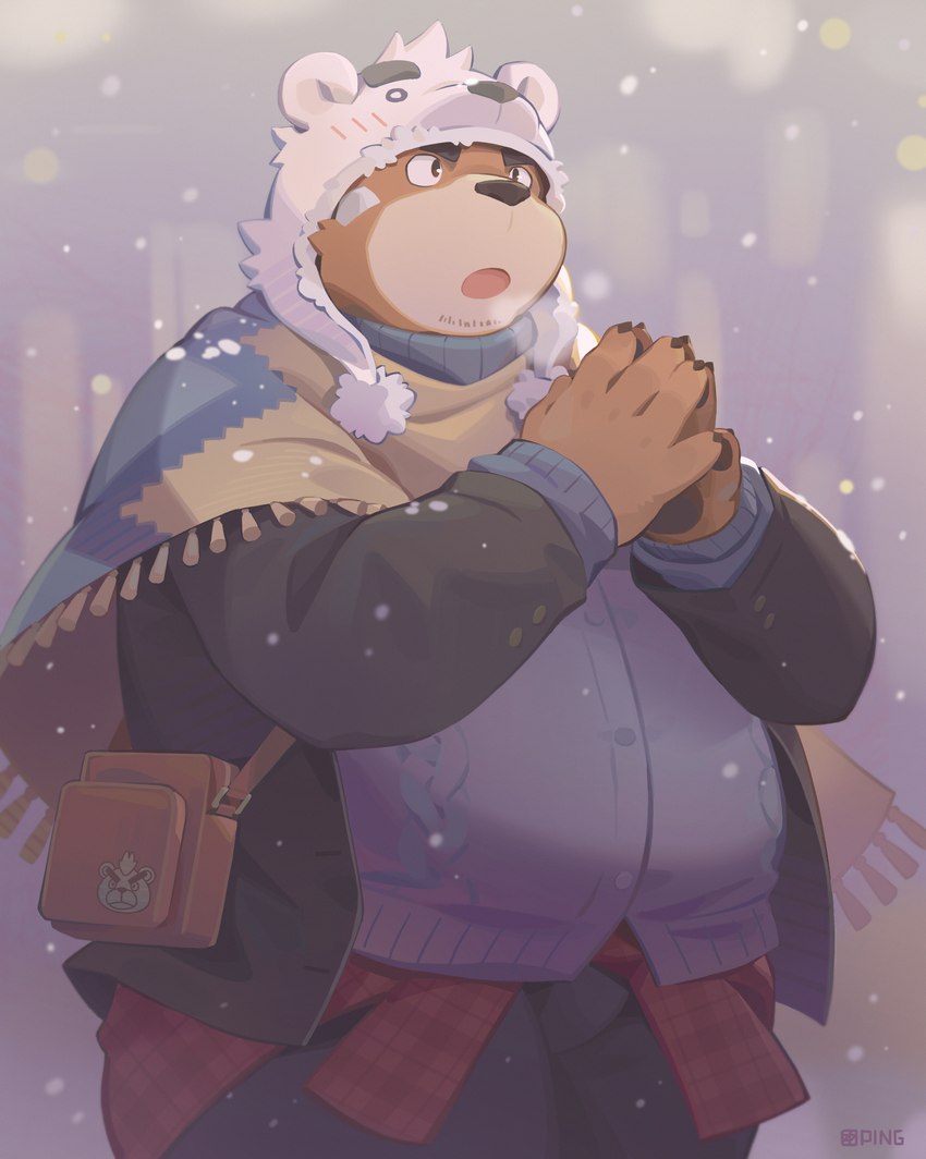 anthro bottomwear brown_body clothing grey_clothing grey_sweater grey_topwear humanoid_hands kemono male outside overweight overweight_male pants snow snowing solo sweater topwear seamonsterping lifewonders tokyo_afterschool_summoners ashigara_(tas) bear mammal 2022 absurd_res hi_res