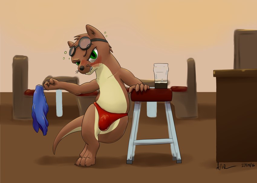 alcohol anthro bar bar_stool beverage black_nose blush brown_body bulge clothing countershading drunk furniture green_eyes looking_at_viewer male panties paws solo stool substance_intoxication tan_body underwear doesnotexist bryce_daeless eurasian_otter lutra mammal mustelid otter river_otter digital_media_(artwork)