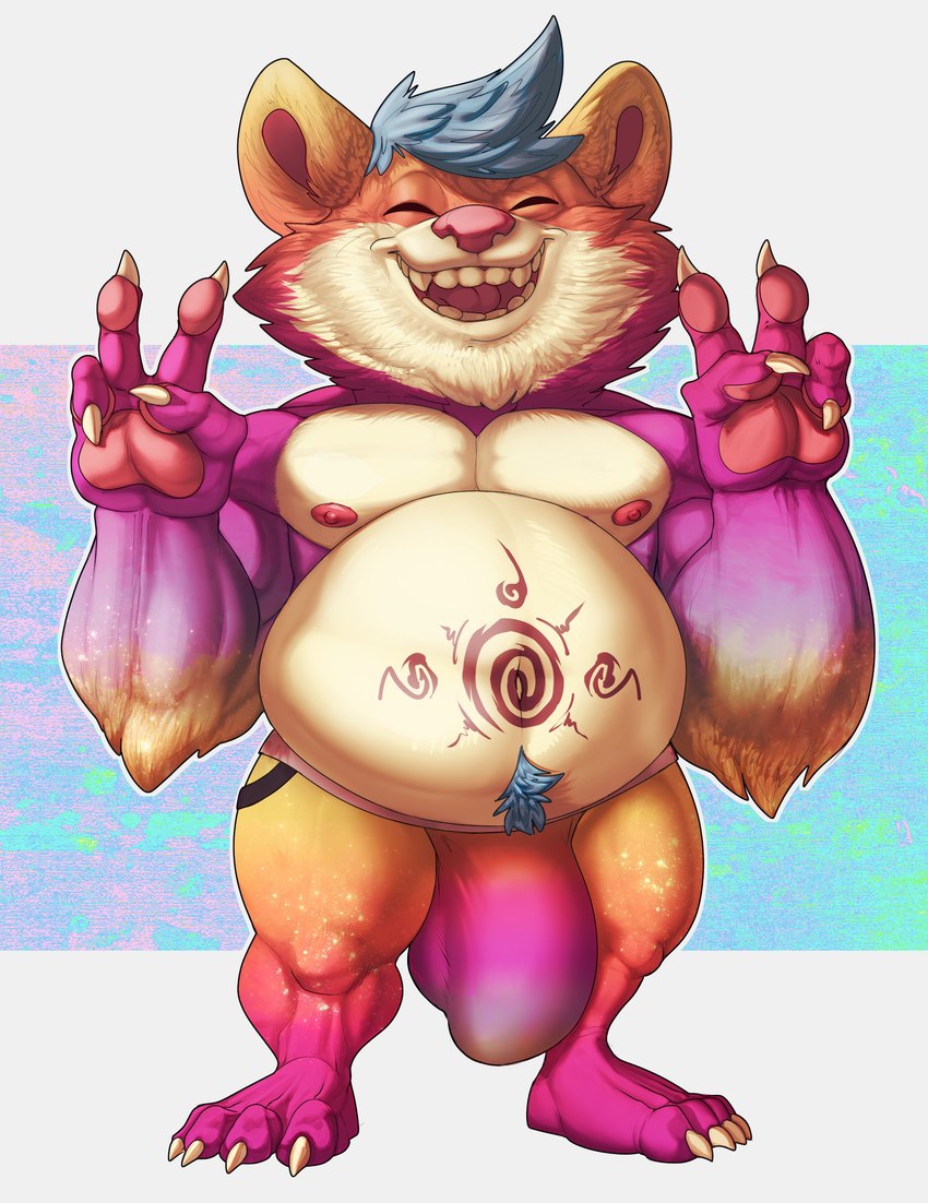 4_fingers 4_toes anthro arm_tuft barefoot belly belly_tattoo big_belly big_biceps big_bulge big_deltoids big_nose big_pecs blue_background blue_pseudo_hair blue_pubes brown_face bulge cheek_tuft chin_tuft claws clothed clothed_anthro clothed_male clothing deltoids dwarfism ear_tuft elbow_tuft eyes_closed facial_tuft feet fingers fluffy front_view gesture gradient_arms gradient_body gradient_face gradient_fur gradient_legs green_background hand_gesture happy head_tuft huge_bulge humanoid_hands male multicolored_clothing multicolored_face multicolored_legs multicolored_thong multicolored_underwear muscular muscular_anthro muscular_male muscular_thighs nipples open_mouth open_smile orange_clothing orange_face orange_legs orange_thong orange_underwear pawpads pecs pink_inner_ear pink_mouth pink_nipples pink_nose pink_pawpads pink_tongue plantigrade pseudo_hair pubes purple_background purple_clothing purple_face purple_feet purple_fingers purple_hands purple_legs purple_neck purple_thong purple_toes purple_underwear red_tattoo short short_anthro short_male simple_background skimpy slightly_chubby slightly_chubby_anthro slightly_chubby_male smile smiling_at_viewer solo tan_belly tan_chest tan_ears tan_face tattoo thong tight_clothing toes tongue topless topless_anthro topless_male tuft two_tone_arms two_tone_clothing two_tone_thong two_tone_underwear underwear v_sign white_background white_claws yellow_arms yellow_legs bristol canid canine mammal raccoon_dog tanuki 2021 absurd_res colored digital_drawing_(artwork) digital_media_(artwork) hi_res shaded