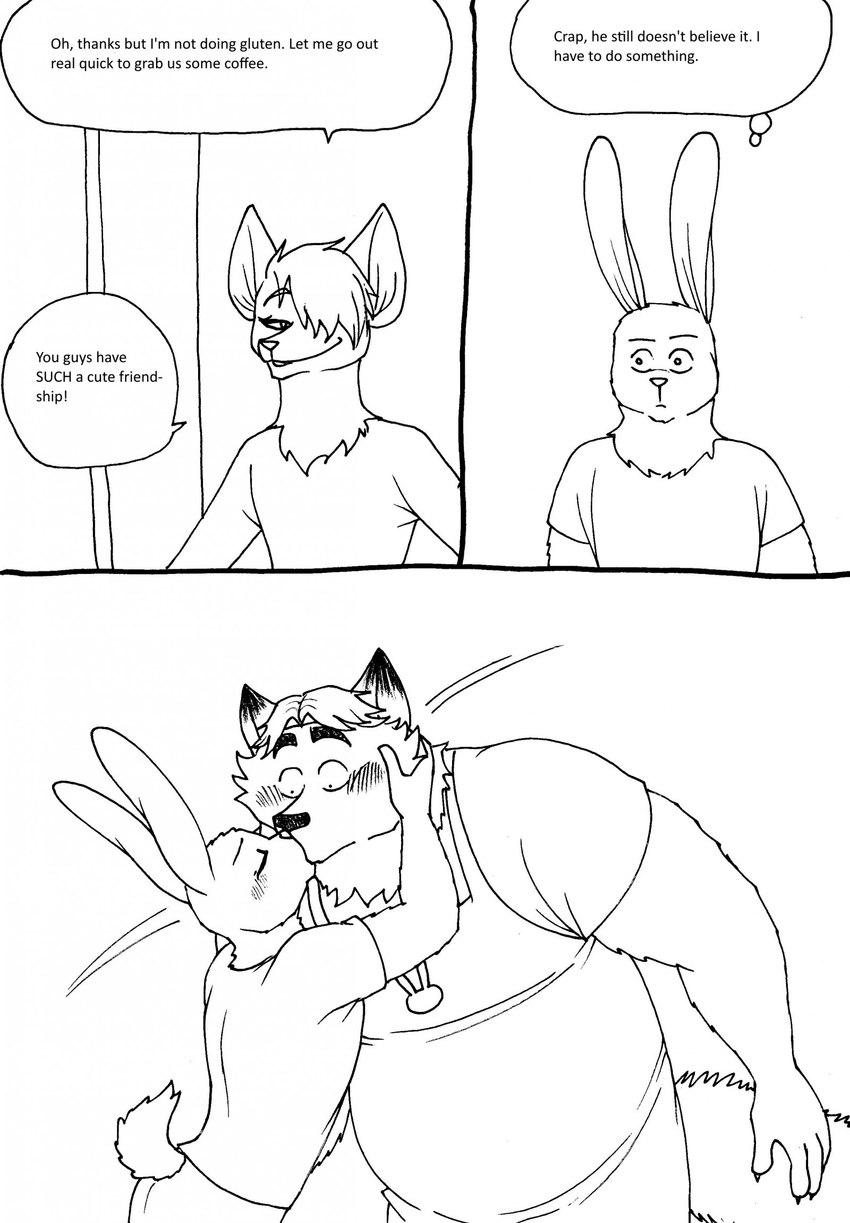 anthro apron blush clothing dialogue duo eyes_closed humanoid_hands kissing male male/male overweight overweight_male shirt text topwear bernielover disney zootopia fan_character gideon_grey nate_hopps canid canine fox lagomorph leporid mammal rabbit red_fox true_fox 2023 comic english_text hi_res monochrome