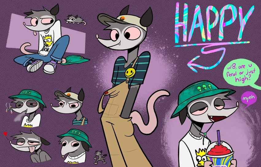 abstract_background anthro baseball_cap blep bottomwear bucket_hat clothing denim denim_bottomwear denim_clothing dialogue dialogue_box drugs fishing_hat fur grey_body grey_fur half-closed_eyes hat headgear headwear jeans long_sleeve_shirt male marijuana marijuana_blunt multicolored_body multicolored_fur narrowed_eyes open_mouth open_smile overalls pants pink_body pink_sclera pink_skin shirt slushie smile solo substance_intoxication t-shirt text tongue tongue_out topwear two_tone_body two_tone_fur wide_eyed yin_yang happyroadkill the_simpsons bart_simpson happy_(happyroadkill) american_opossum mammal marsupial english_text hi_res model_sheet