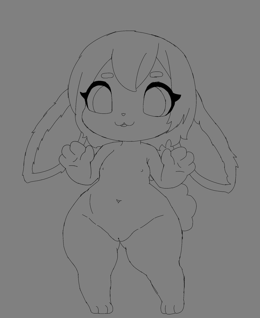 anthro big_ears female fluffy_ears genitals innie_pussy pussy solo thick_thighs wide_hipped_female wide_hips young young_anthro young_female zhephyreart lagomorph leporid mammal rabbit hi_res monochrome