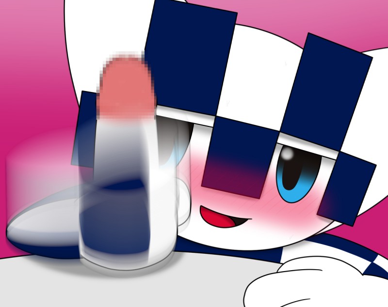 blue_eyes blush duo genitals half-closed_eyes handjob humanoid_genitalia humanoid_penis male narrowed_eyes not_furry open_mouth open_smile penile penis sex smile takuya_tail 2020_tokyo_olympics olympics miraitowa unknown_species censored