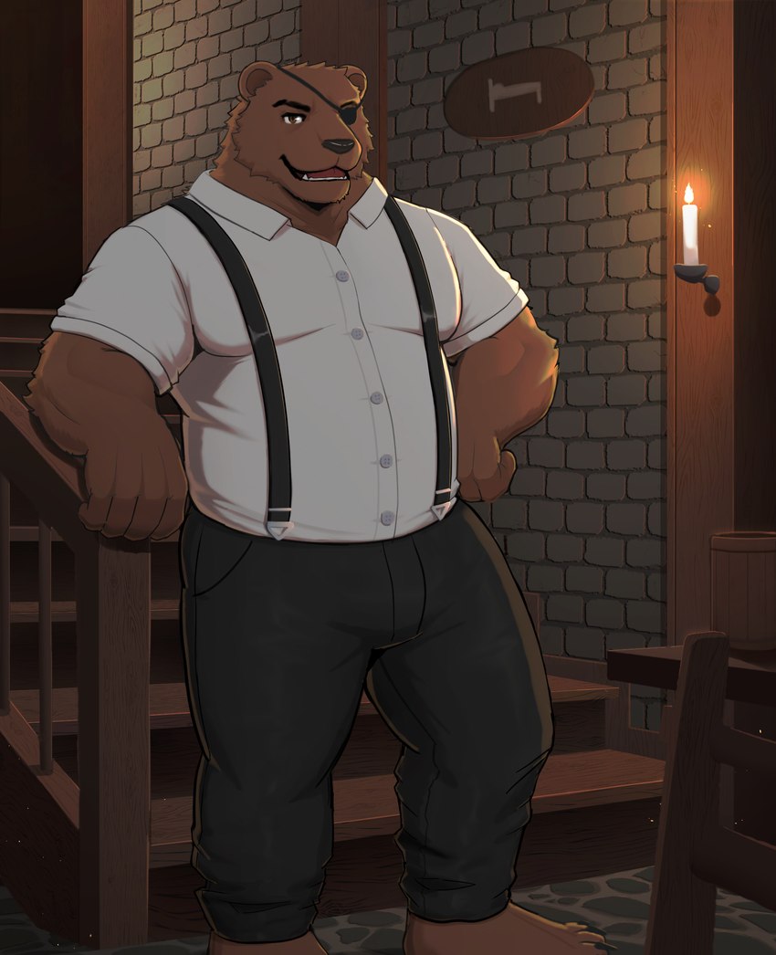 anthro clothed clothing eye_patch eyewear inn male slightly_chubby solo suspenders tavern hughhhh elliot_softarm bear mammal absurd_res hi_res