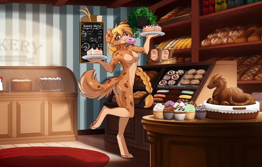 anthro bakery basket black_nose blonde_hair blue_eyes blueberry_(fruit) braided_hair braided_ponytail bread bread_sculpture breasts brown_body brown_fur butt button_ears cake cake_slice candy casual_nudity cherry chocolate chocolate_chip_cookie chocolate_chips claws container cookie cupcake dessert digitigrade doughnut exposure_variation eyebrow_through_hair eyebrows eyelashes featureless_breasts feet female finger_claws floor floppy_ears food fruit fur hair hanging_plant holding_object icing inside long_hair looking_at_viewer markings menu menu_board mouth_hold multicolored_body multicolored_fur multicolored_tail nude on_one_leg pastry pawpads plant plate ponytail roll_cake rug sculpture smile solo spots spotted_body spotted_fur sprinkles standing strawberry sweets tail tan_body tan_fur toe_claws toes translucent translucent_hair wallpaper_(decoration) wood wood_floor conditional_dnp tom_fischbach zofie_(fluff-kevlar) australian_shepherd canid canine canis domestic_dog herding_dog inanimate_object mammal pastoral_dog sheepdog 2023 adobe_photoshop_(artwork) colored digital_drawing_(artwork) digital_media_(artwork) hi_res