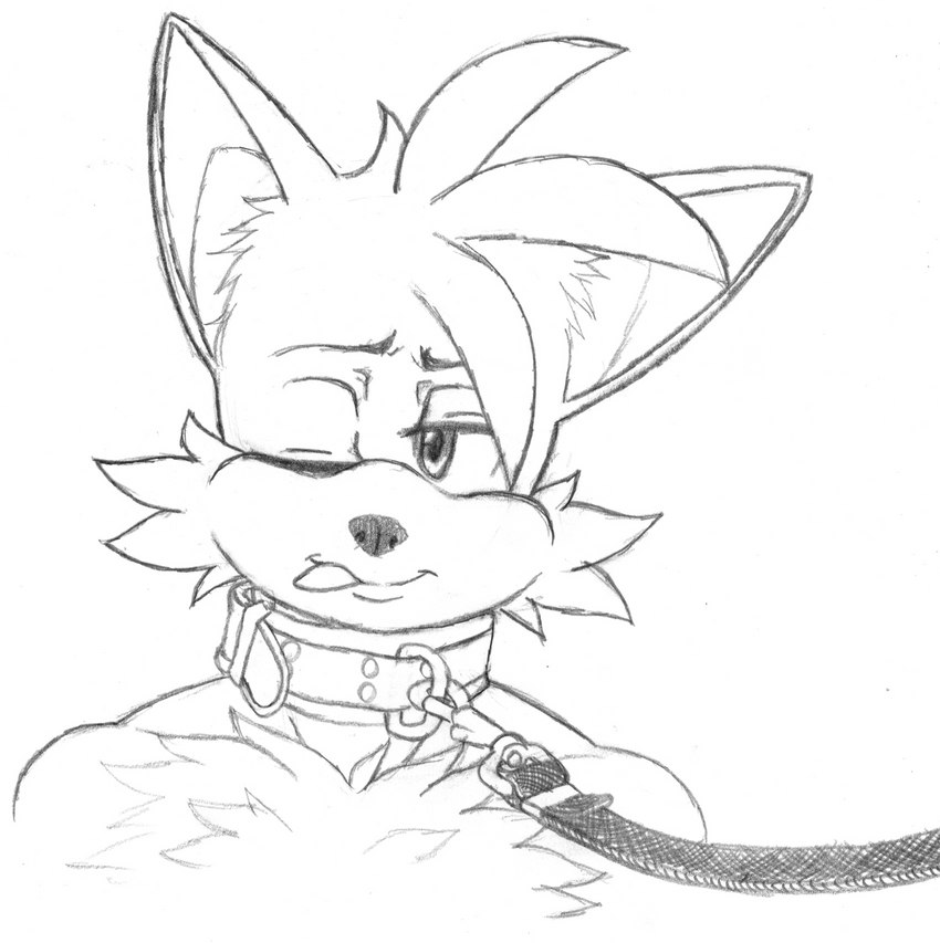 anthro chest_tuft collar fur half-closed_eyes inner_ear_fluff leash male narrowed_eyes one_eye_closed simple_background smile solo tongue tongue_out tuft enlisentity sega sonic_the_hedgehog_(series) miles_prower canid canine fox mammal 2022 bust_portrait hi_res monochrome portrait