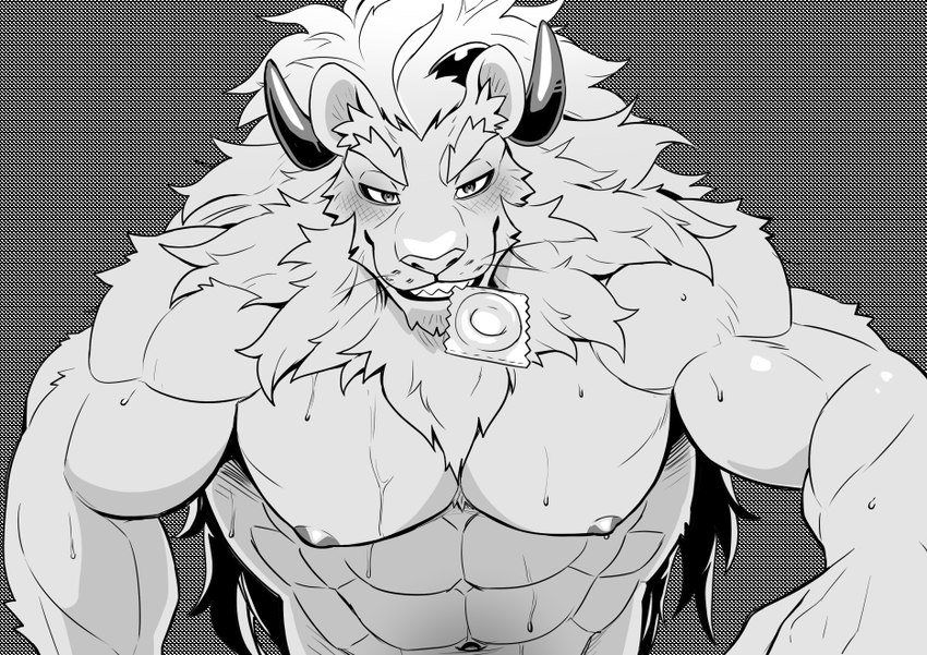 age_progression anthro areola bedroom_eyes biceps blush blush_lines bodily_fluids condom condom_in_mouth eyebrows horn inner_ear_fluff looking_at_viewer male mane mouth_hold muscular muscular_anthro muscular_male narrowed_eyes object_in_mouth pecs seductive sexual_barrier_device smile smiling_at_viewer solo sweat tuft whiskers mumu202 mumu_(mumu202) felid lion mammal pantherine monochrome