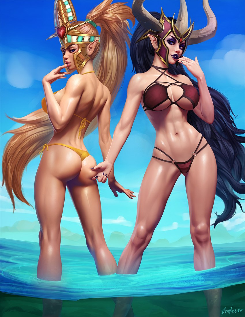 abs back-tie_bikini back-tie_clothing back-tie_swimwear bent_arm big_breasts bikini bikini_thong black_hair blonde_hair blue_eyes breasts butt butt_grab butt_pinch clothed clothing clothing_ring duo extended_arm female female/female gem hair hand_on_another's_butt hand_on_butt heart_gem heart_symbol legs_in_water long_hair looking_at_viewer looking_back not_furry o-ring o-ring_bikini o-ring_bikini_bottom o-ring_swimwear outside partially_submerged pinch ponytail raised_hand ring_(hardware) side-tie_bikini side-tie_clothing side-tie_swimwear standing standing_in_water straight_legs string_bikini submerged_legs swimwear tucked_arm two-piece_swimsuit evulchibi warhammer_(franchise) warhammer_fantasy alarielle morathi dark_elf elf humanoid hi_res