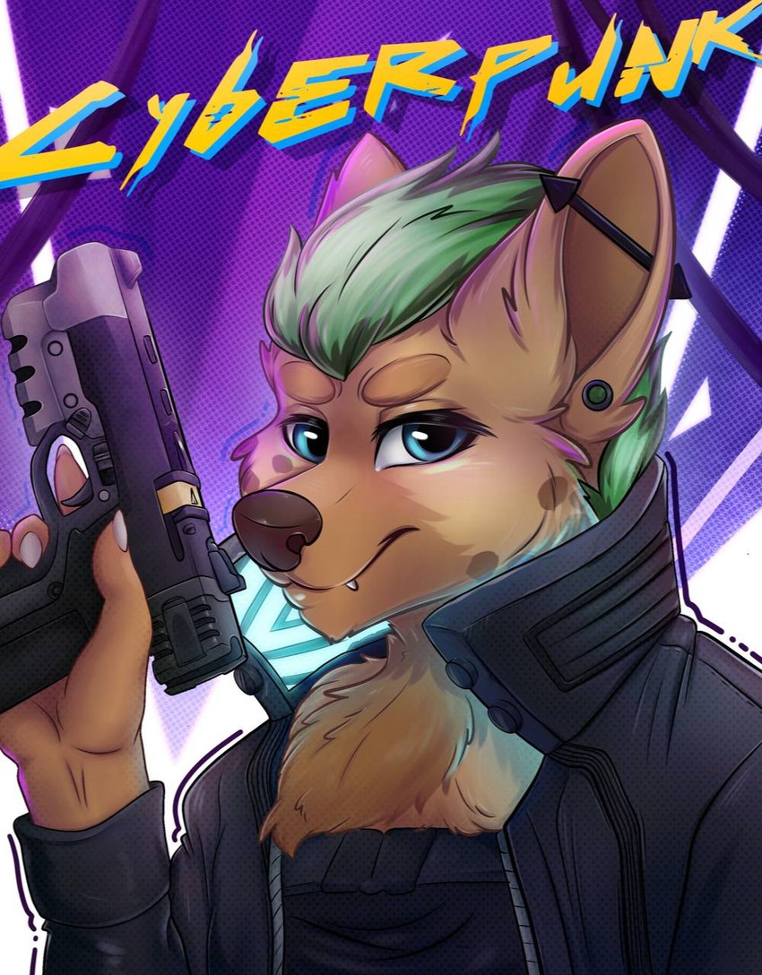 anthro blue_eyes clothed clothing cyberpunk cyberpunk_clothes fur gun hair handgun male pistol ranged_weapon simple_background solo weapon wool_(fur) bellfa cd_projekt_red cyberpunk_2077 fan_character hyena mammal 2023 2024 bust_portrait colored digital_drawing_(artwork) digital_media_(artwork) hi_res line_art portrait shaded