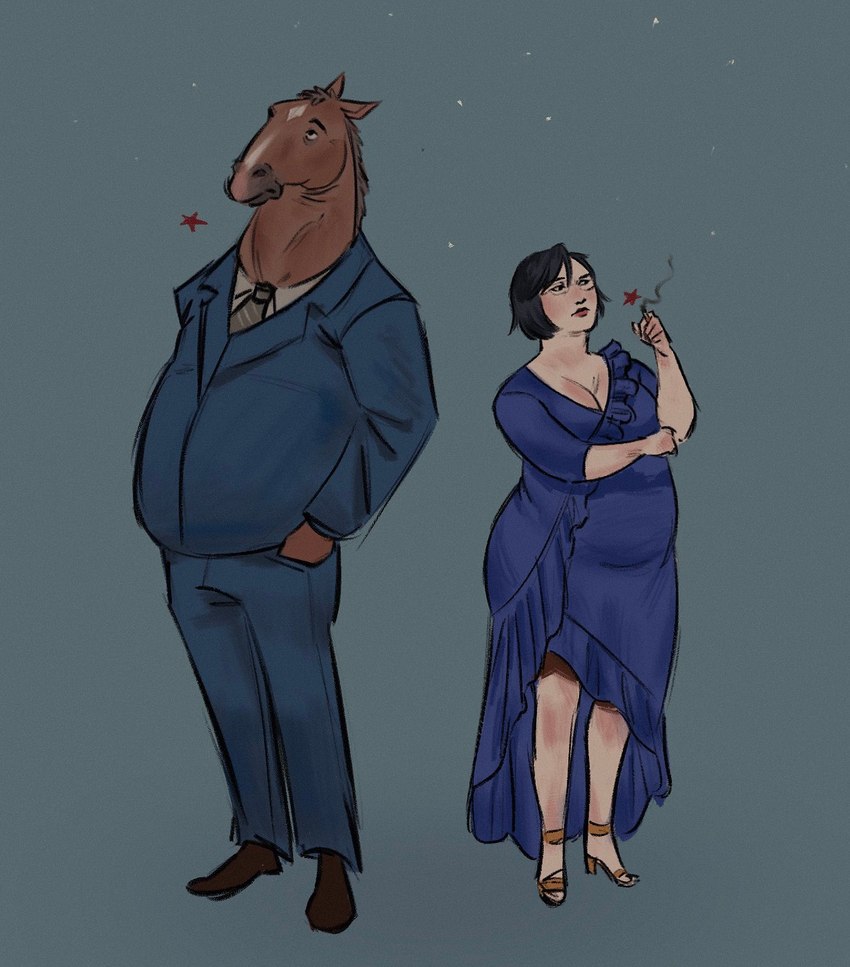 anthro big_butt black_hair black_tie_(suit) blue_clothing blue_dress blue_topwear breasts brown_body brown_clothing brown_footwear brown_fur brown_hair brown_shoes butt cigarette cleavage clothed clothing dress duo female footwear fur grey_necktie hair hand_in_pocket high_heels holding_cigarette holding_object male mouth_closed necktie night overweight overweight_female overweight_male pockets shoes short_hair side_by_side simple_background smoking star suit topwear apxphenia bojack_horseman netflix bojack_horseman_(character) diane_nguyen equid equine horse human mammal thoroughbred 2024 digital_drawing_(artwork) digital_media_(artwork) hi_res