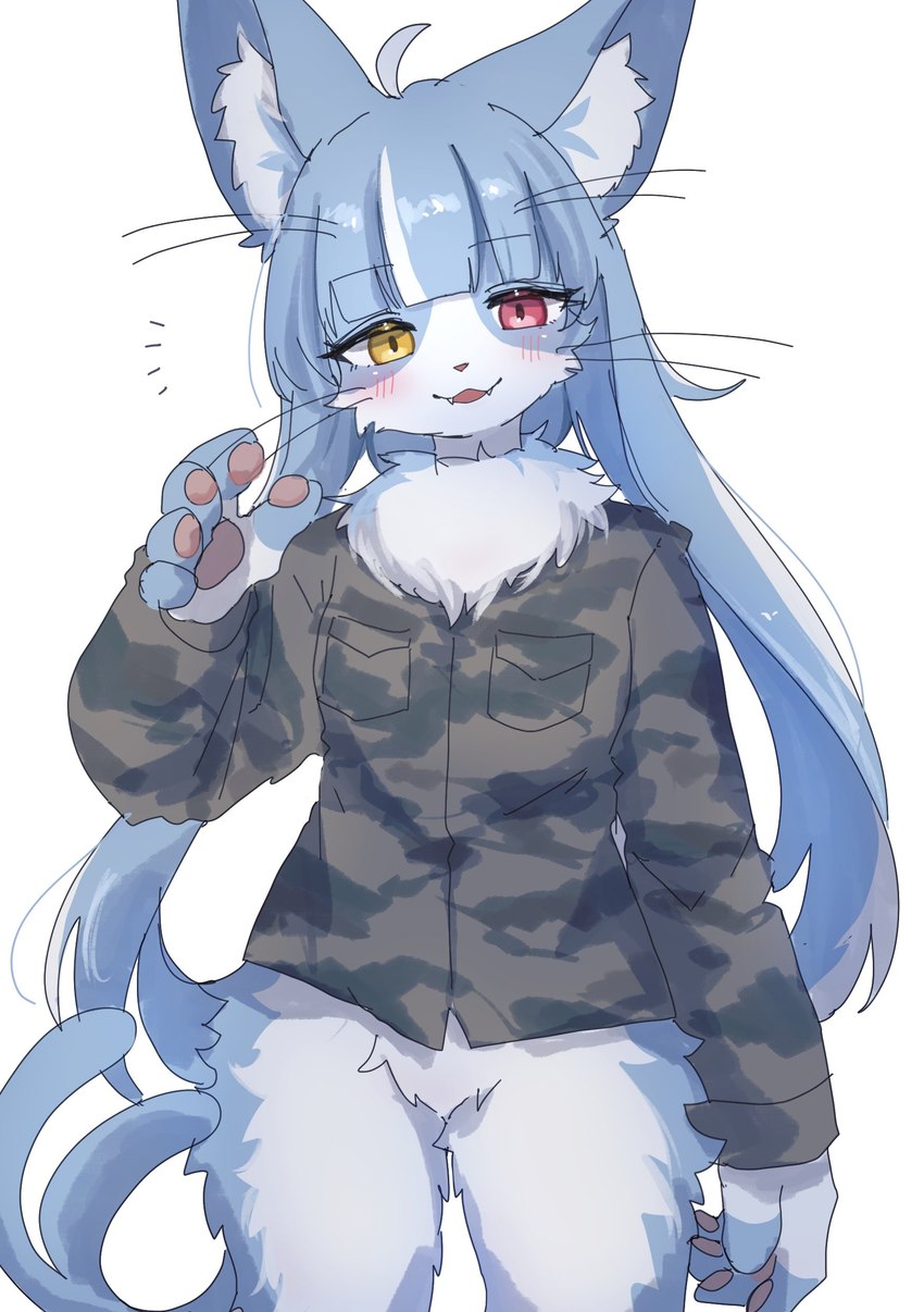 5_fingers ahoge anthro blue_body blue_fur blue_hair blush bottomless bottomless_anthro camo camo_clothing camo_print clothed clothing countershading cute_fangs fangs femboy fingers fluffy forked_tail fur hair half-closed_eyes heterochromia jacket kemono long_hair looking_at_viewer male male_anthro multicolored_body multicolored_fur narrowed_eyes neck_tuft open_mouth pattern_clothing pawpads pupils red_eyes slit_pupils solo tail teeth topwear tuft two_tone_body two_tone_fur unusual_anatomy unusual_tail whiskers white_body white_fur yellow_eyes 115meg japan_air_self-defense_force omaneko_(jasdf) domestic_cat felid feline felis mammal 2023 absurd_res digital_media_(artwork) hi_res portrait three-quarter_portrait