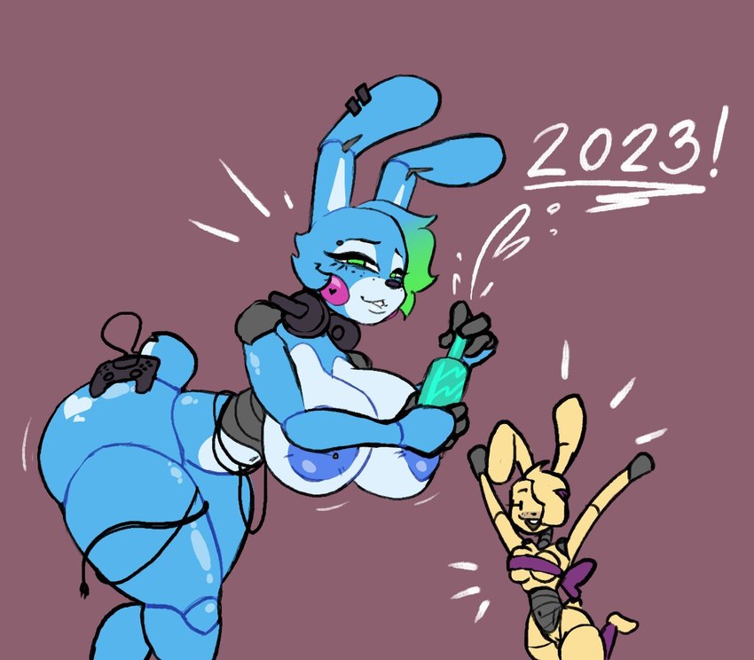 anthro big_breasts bottle breasts container controller cord crossgender duo ear_piercing electronics exclamation_point female fingers game_controller green_eyes headphones machine mtf_crossgender piercing stormkinght five_nights_at_freddy's five_nights_at_freddy's_2 scottgames spring_bonnie_(fnaf) toy_bonnie_(fnaf) animatronic lagomorph leporid mammal rabbit robot 2023 digital_media_(artwork)