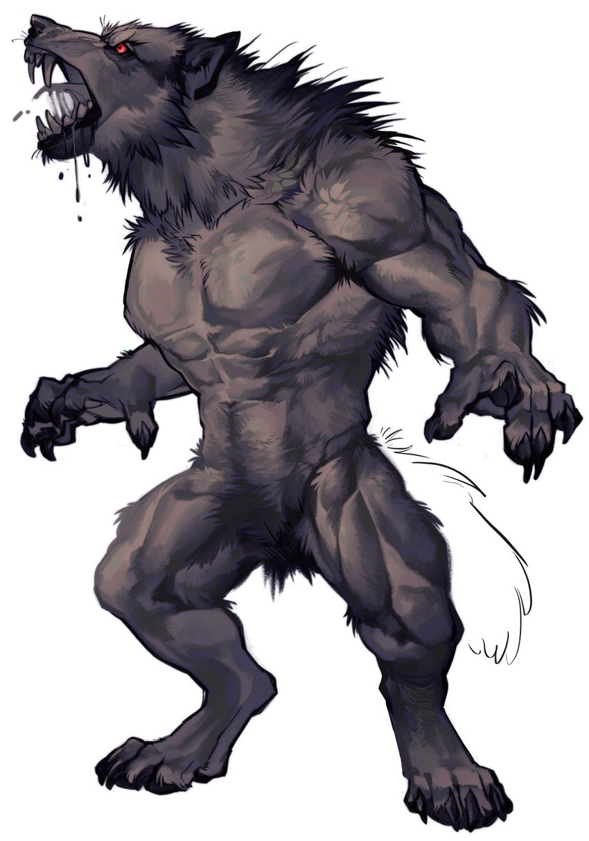 anthro black_body black_fur bodily_fluids claws digitigrade drooling fluffy fur male muscular muscular_male neck_tuft open_mouth paws red_eyes saliva simple_background solo teeth tuft nmvsolidus mythology canid canine canis mammal mythological_canine mythological_creature werecanid werecanine werecreature werewolf wolf hi_res unfinished