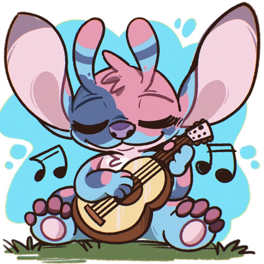 4_fingers 4_toes ambiguous_gender antennae_(anatomy) anthro biped blue_body blue_fur chest_tuft chromatic_aberration content_smile ear_markings eyes_closed feet fingers fur head_tuft holding_musical_instrument holding_object holding_string_instrument holding_ukulele lute markings multicolored_body multicolored_fur musical_instrument musical_note musical_symbol pawpads pink_body pink_fur pink_pawpads plucked_string_instrument purple_body purple_fur purple_markings purple_nose sitting smile solo string_instrument symbol toes tuft ukulele white_markings karawang disney lilo_and_stitch calico_(angoraram) fan_character alien experiment_(lilo_and_stitch) 2024 digital_drawing_(artwork) digital_media_(artwork) hi_res nonbinary_(lore)