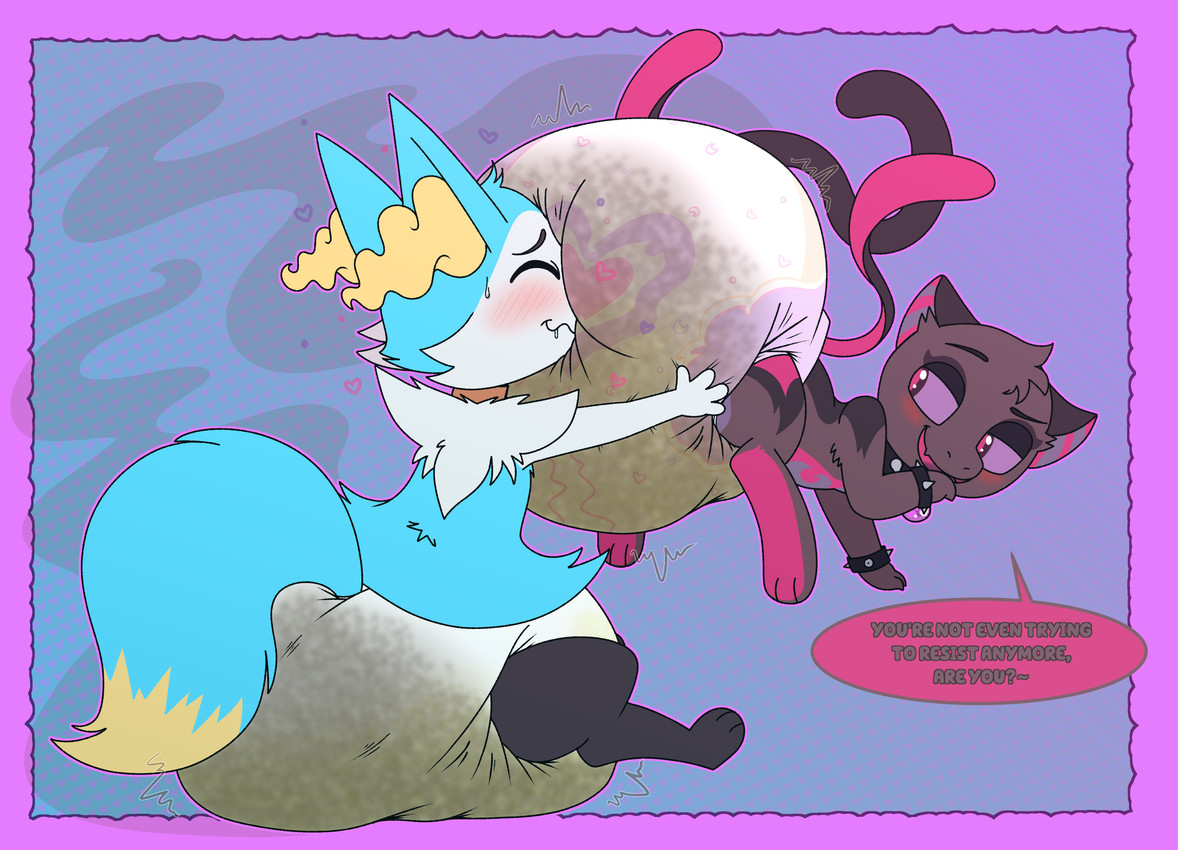 3_tails alternate_color ambiguous_gender anthro black_body black_bracelet black_collar black_fur blue_tail blush blush_lines bodily_fluids border bracelet brown_body brown_collar brown_fur brown_tail clothed clothing collar cute_fangs dialogue diaper diaper_in_face diaper_sniffing dipstick_tail drooling duo eyes_closed face_in_ass fangs feces feral floating fur genital_fluids hand_on_diaper hand_on_face heart_clothing heart_diaper heart_symbol heart_underwear inner_ear_fluff jewelry looking_at_another looking_at_partner looking_back looking_back_at_another looking_back_at_partner looking_pleasured markings multi_tail multicolored_body multicolored_fur open_mouth open_smile pattern_background pooping purple_body purple_border purple_fur purple_tail saliva simple_background sitting smile sniffing soiled_diaper soiling soiling_diaper speech_bubble spiked_collar spikes stink_fumes striped_inner_ear stripes sweat sweatdrop tail tail_markings teasing teeth text touching_diaper tuft two_tone_tail unclean_diaper underwear urine used_diaper wavy_mouth wearing_diaper wet_diaper wetness_indicator wetting wetting_diaper white_body white_diaper white_fur yellow_inner_ear_fluff yellow_tail yellow_tail_tip tenerius nintendo pokemon koru_(braixenchu) lizpurr_(braixenchu) braixen generation_1_pokemon generation_6_pokemon generation_7_pokemon hybrid_pokemon legendary_pokemon mew_(pokemon) pokemon_(species) salazzle 2024 absurd_res english_text hi_res