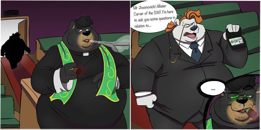 anthro belly black_clothing black_hair church cigar clothing dialogue duo eyewear facial_hair glasses hair male orange_hair overweight overweight_anthro overweight_male priest silhouette smoking suit text trashtoonz dusk_acres allister_carver steve_jovonovich bear mammal polar_bear sun_bear ursine 2:1 comic english_text hi_res