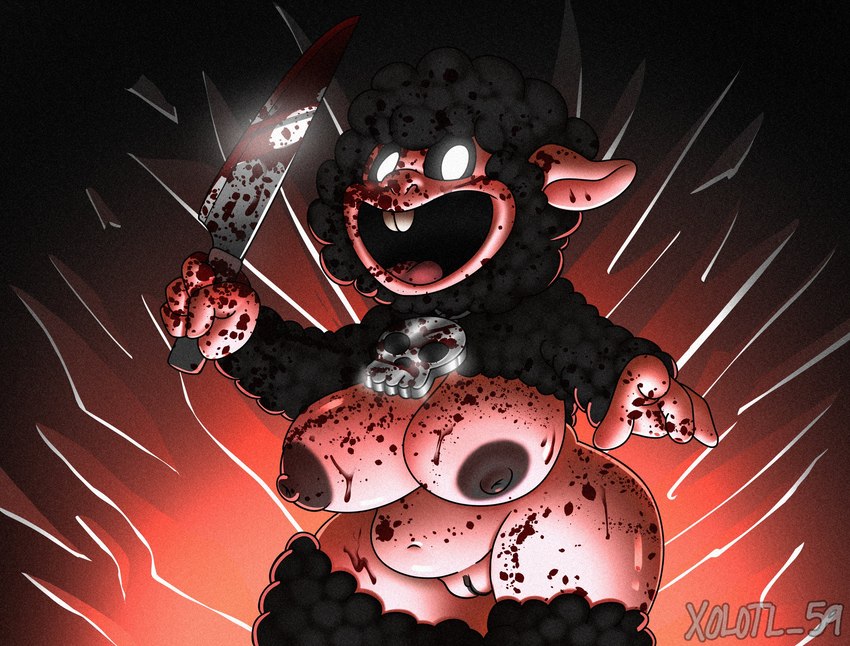 abstract_background anthro areola big_breasts big_butt black_body black_fur black_hair black_sclera black_wool blood blood_on_body blood_on_knife blood_on_weapon bodily_fluids breasts buckteeth butt female fur genitals glistening glistening_body hair huge_breasts jewelry knife looking_at_viewer necklace nipples nude open_mouth pussy short_stack skull_accessory smile solo teeth thick_thighs weapon wide_hips wool_(fur) xolotl_59 mob_entertainment nightmare_critters poppy_playtime baba_chops_(poppy_playtime) bovid caprine critters_(poppy_playtime) mammal sheep hi_res