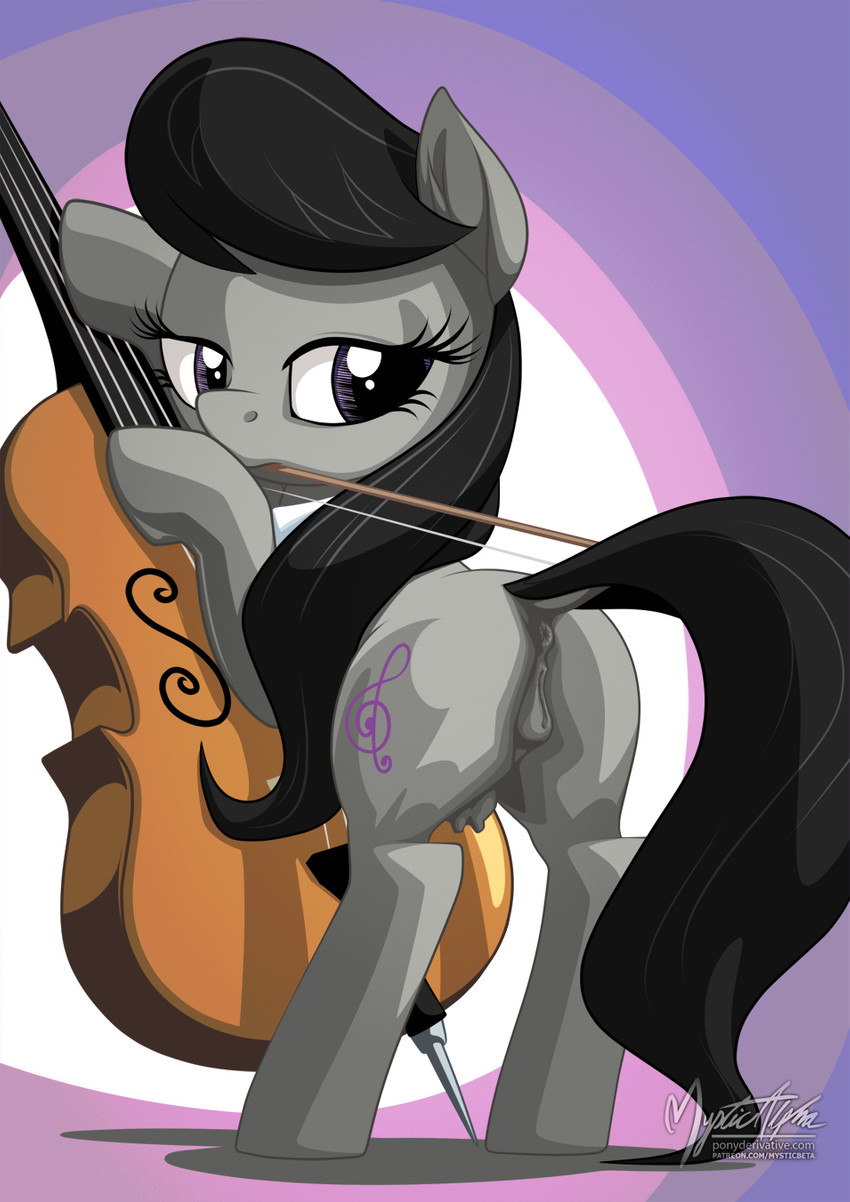 animal_genitalia animal_pussy anus black_hair black_tail bowed_string_instrument butt cello cutie_mark dock_(anatomy) equine_anus equine_genitalia equine_pussy eyelashes female feral genitals grey_body hair holding_object long_hair looking_back mouth_hold musical_clef musical_instrument musical_symbol purple_background purple_eyes pussy raised_tail simple_background solo standing string_instrument symbol tail tail_anus teats text three-quarter_view treble_clef white_background mysticalpha friendship_is_magic hasbro my_little_pony octavia_(mlp) earth_pony equid equine horse mammal pony 2020 digital_media_(artwork) hi_res signature url