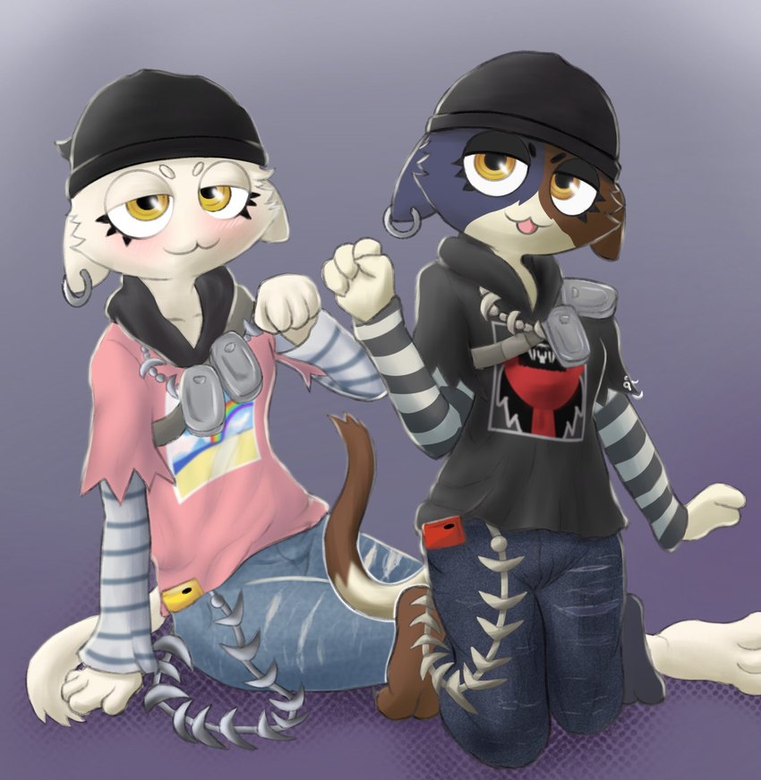 3_toes alternate_color anthro bandolier barefoot beanie ben_day_dots black_clothing blep blush bottomwear breasts brown_body brown_fur cellphone clothing denim denim_bottomwear denim_clothing duo ear_piercing electronics eyelashes eyeshadow feet female fish_hook fist fist_bump fur gesture gradient_background grey_body grey_fur half-closed_eyes hat headgear headwear hoodie hook jeans jewelry kneeling looking_at_viewer makeup mottled multicolored_body multicolored_fur narrowed_eyes necklace pants phone piebald piercing pink_clothing pink_topwear print_clothing print_topwear purple_background sardine_tin simple_background sitting slim_female small_breasts smartphone square_crossover striped_sleeves thin_calves thin_legs thin_thighs toes tongue tongue_out topwear torn_bottomwear torn_clothing torn_jeans torn_pants wallet_chain white_body white_fur yellow_eyes liet4649 epic_games fortnite cloud_nine_(fortnite) meow_skulls calico_cat domestic_cat felid feline felis mammal 2022 full-length_portrait hi_res portrait shaded soft_shading