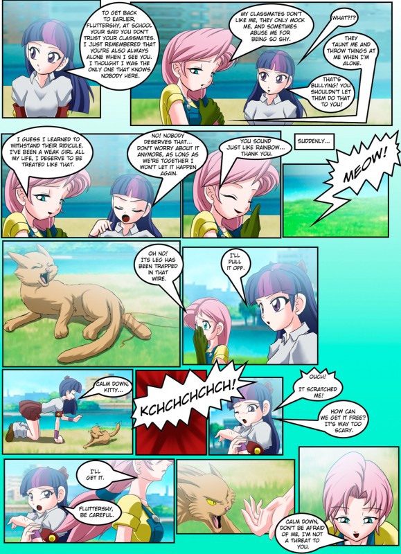 alternate_species clothed clothing dialogue female hair humanized multicolored_hair purple_hair text two_tone_hair mauroz friendship_is_magic hasbro my_little_pony fluttershy_(mlp) twilight_sparkle_(mlp) domestic_cat felid feline felis human mammal absurd_res comic english_text hi_res