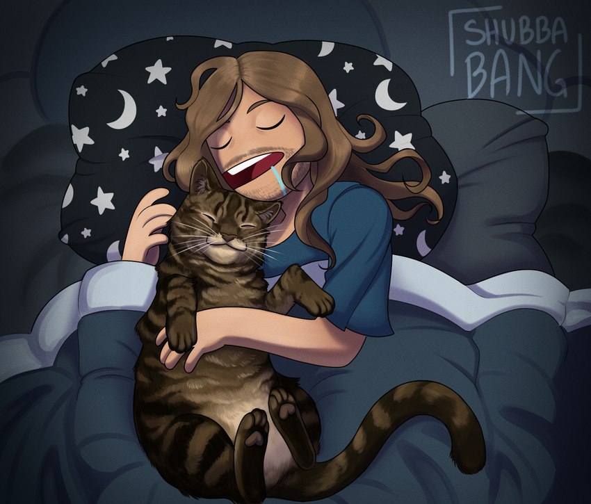 ambiguous_gender bed bodily_fluids drooling duo eyes_closed feral fur furniture hand_on_chest inner_ear_fluff male moon_symbol open_mouth pillow saliva sleeping smile star_symbol striped_body striped_fur stripes tuft shubbabang domestic_cat felid feline felis human mammal hi_res signature