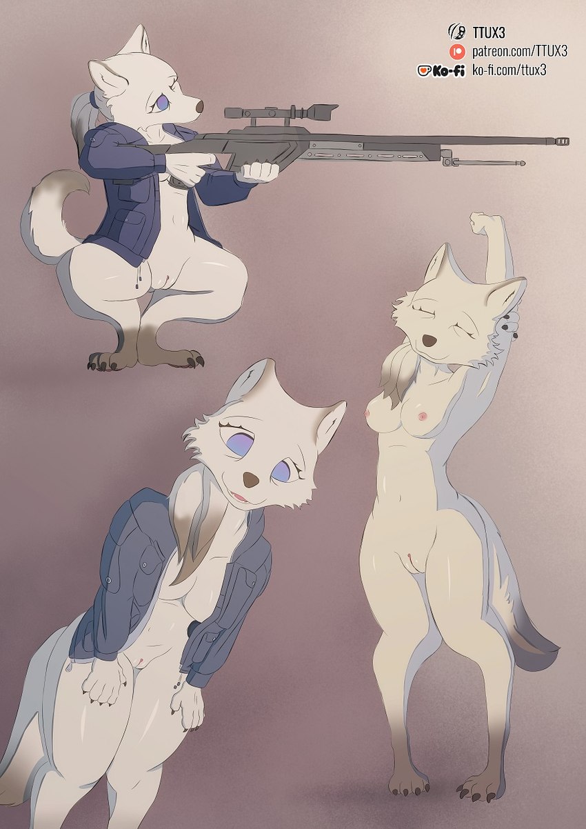 anthro blue_eyes bottomless bottomless_female clothed clothing female fur genitals gun jacket pussy ranged_weapon rifle sniper_rifle solo text topwear topwear_only weapon white_body white_fur ttux3 minh_(ttux3) canid canine canis mammal wolf hi_res url