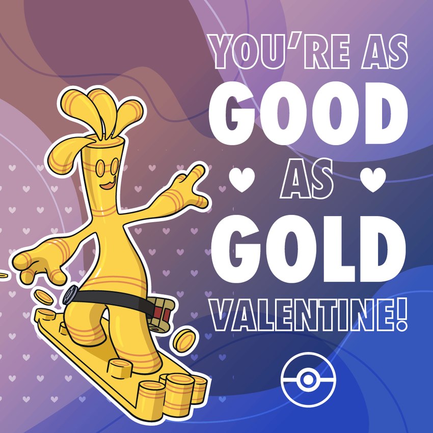 ambiguous_gender biped blue_background blue_heart coin detailed_background front_view gold_(metal) gold_coin gradient_background heart_after_text heart_before_text heart_pattern heart_symbol holidays humor outline pokeball_symbol pun simple_background solo surfing tan_background tan_heart text three-quarter_view valentine's_day_card white_heart white_outline white_text yellow_body unknown_artist nintendo pokemon valentine's_day elemental_creature generation_9_pokemon gholdengo humanoid metal_creature mineral_fauna pokemon_(species) 1:1 2023 colored digital_drawing_(artwork) digital_media_(artwork) english_text full-length_portrait official_art portrait