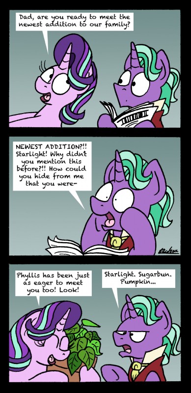 annoyed dialogue duo female feral horn humor newspaper plant plant_pot potted_plant text bobthedalek friendship_is_magic hasbro my_little_pony mythology firelight_(mlp) phyllis_(mlp) starlight_glimmer_(mlp) equid equine mammal mythological_creature mythological_equine unicorn 2019 absurd_res comic digital_media_(artwork) english_text hi_res