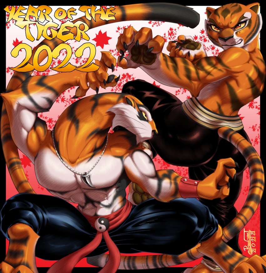 abs anthro biceps big_butt butt clothed clothing duo female fur male muscular muscular_female muscular_male orange_body orange_fur pants_only striped_body striped_fur stripes topless white_body white_fur pltnm06ghost chinese_zodiac dreamworks kung_fu_panda t'ai_fu:_wrath_of_the_tiger wrath_of_the_tiger year_of_the_tiger master_tigress tai_fu felid mammal pantherine tiger absurd_res hi_res