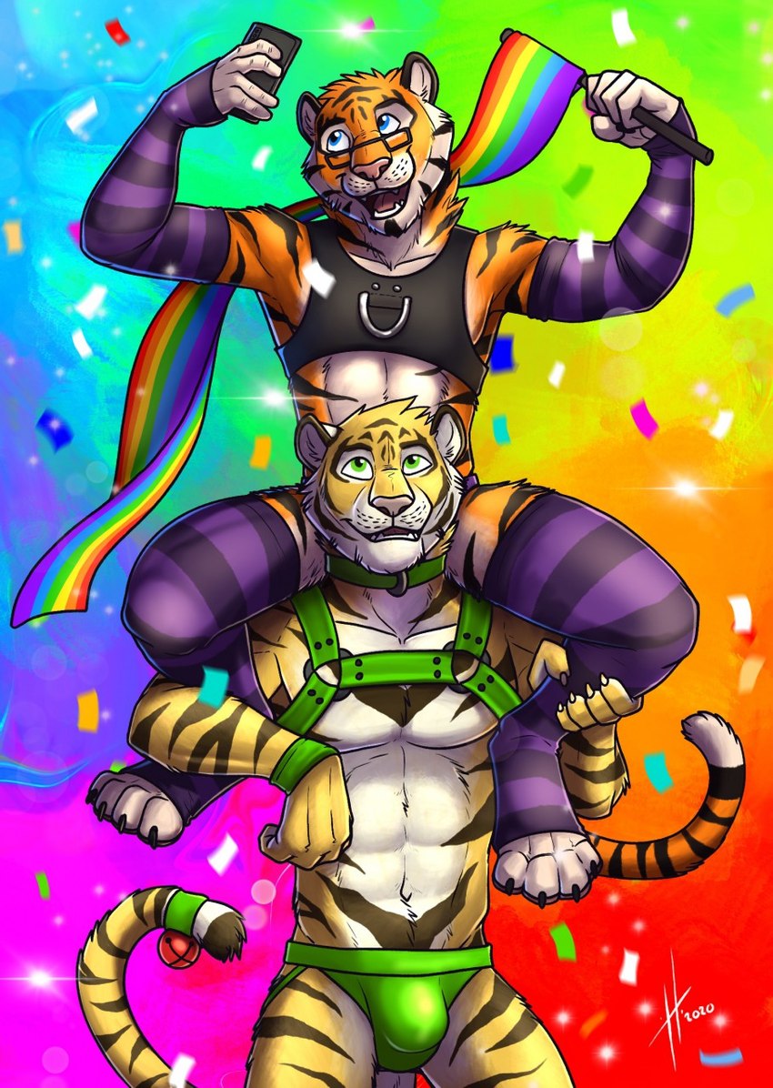 anthro clothing duo eyewear glasses harness jockstrap leggings legwear lgbt_pride male pride_color_flag pride_colors underwear hufnaar hufnaar_(character) ulbrek felid mammal pantherine tiger hi_res