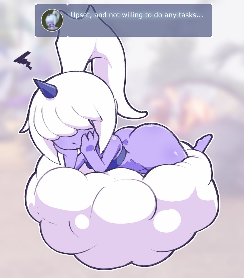 bottomless butt clothed clothing cloud female hair hair_over_eyes hand_on_face horn lying not_furry on_front ponytail purple_body purple_skin short_stack solo text topwear tube_top white_hair masked-agent palworld pocketpair dazzi_(pal) humanoid pal_(species) hi_res