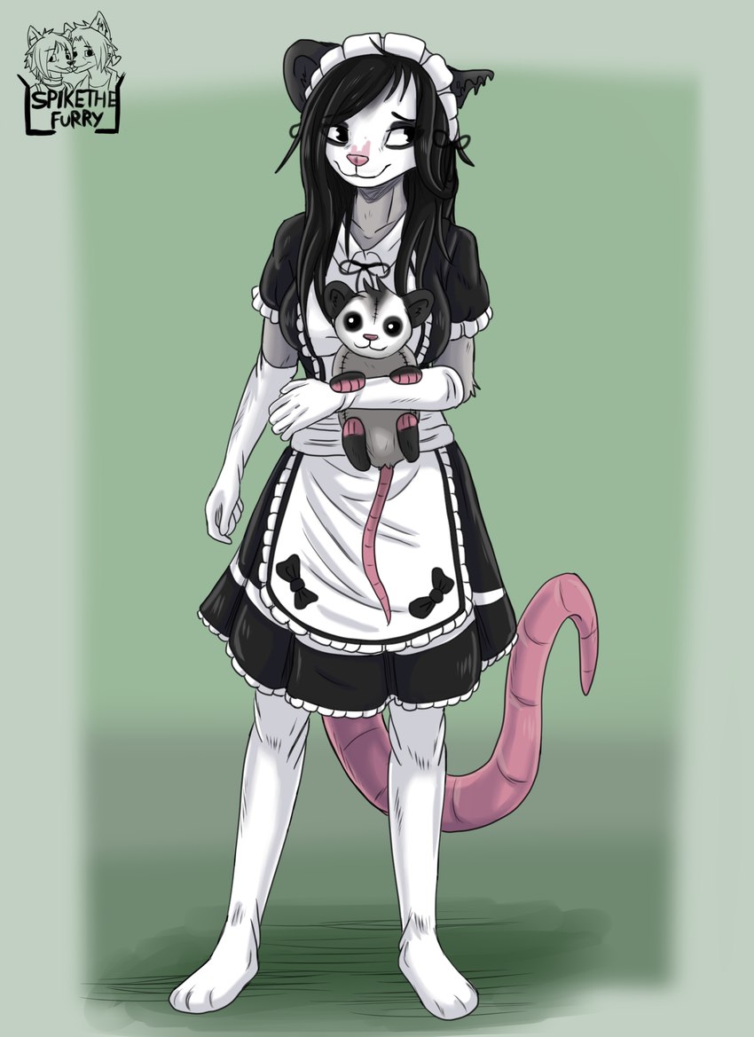 anthro black_body black_eyes black_fur black_hair clothing female fur gloves grey_body grey_fur hair handwear maid_uniform pink_fingers solo uniform white_body white_fur spike_the_furry kia_(spikethefurry) american_opossum mammal marsupial hi_res