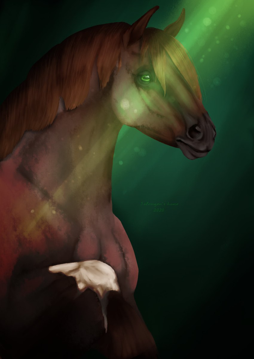 ambiguous_gender brown_body brown_hair brown_mane feral green_eyes hair light light_beam looking_at_viewer mane simple_background solo rune7c trent_(wasen) equid equine horse mammal digital_media_(artwork) hi_res