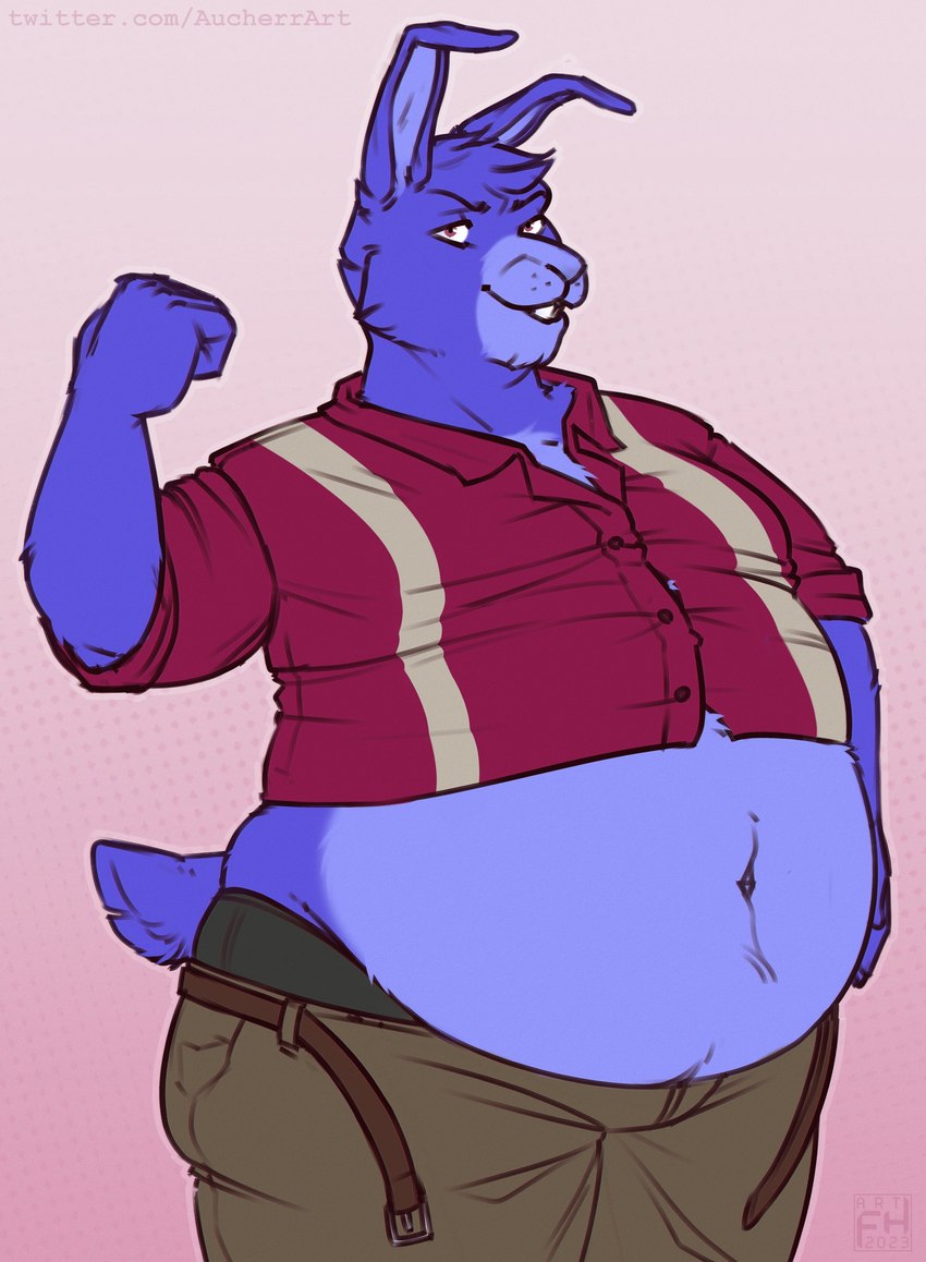 anthro belly belt big_belly black_clothing black_underwear blue_body blue_fur blue_hair bottomwear bowling_shirt brown_belt brown_bottomwear brown_clothing brown_eyes brown_pants clothing flexing fur hair holding_belly male moobs multicolored_body navel open_mouth overweight overweight_male pants red_clothing red_shirt red_topwear shirt short_hair simple_background smile solo tail teeth topwear two_tone_body underwear wide_hips aucherr five_nights_at_freddy's scottgames bonnie_(fnaf) lagomorph leporid mammal rabbit 2023 absurd_res hi_res