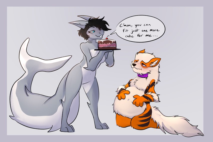 anthro belly belly_expansion bloated cake collar dessert duo eating expansion feedee feeder feederism feeding female fluffy food force_feeding forced holding_belly inflation male male/female multicolored_body nude purple_collar questionable_consent shark_tail simple_background stuffing tail text thick_tail two_tone_body uncomfortable white_belly daisiebelly nintendo pokemon arcanine fish generation_1_pokemon great_white_shark mackerel_shark marine pokemon_(species) shark white_shark absurd_res english_text hi_res