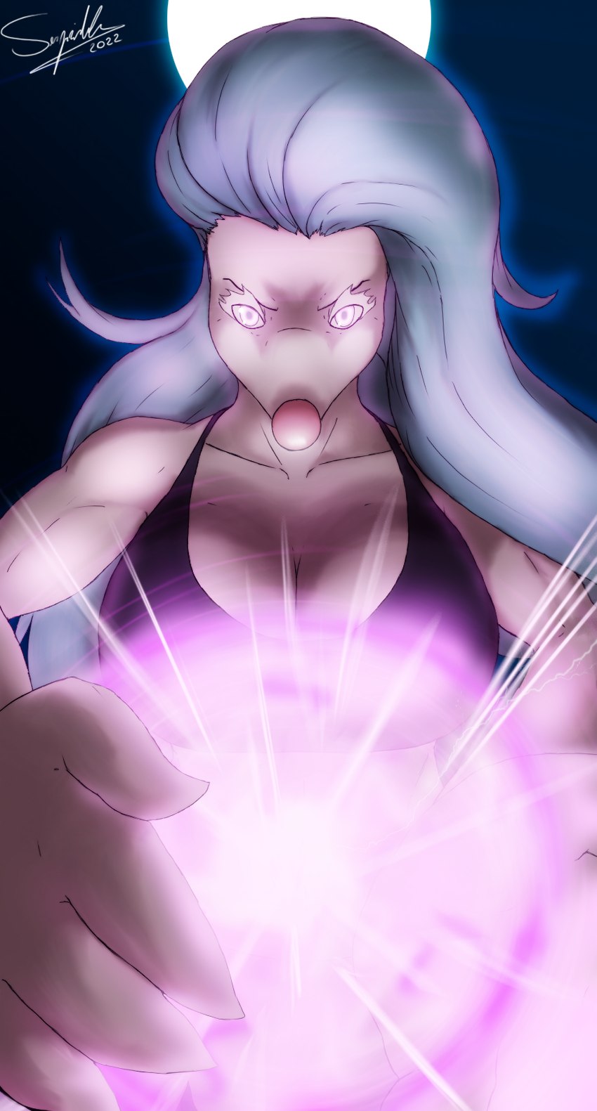 anthro big_breasts blue_hair breasts charging clothing energy_ball female hair long_hair moon solo white_body sergiroth nintendo pokemon aria_(sergiroth) generation_7_pokemon mammal marine pinniped pokemon_(species) primarina 2022 digital_drawing_(artwork) digital_media_(artwork) hi_res watermark