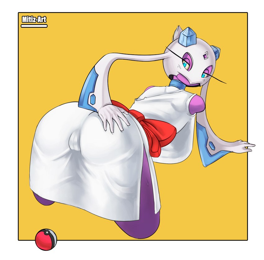 5_fingers areola asian_clothing bent_over big_butt blue_eyes breasts butt camel_toe clothed clothing east_asian_clothing eyelashes female fingers genital_outline hand_on_butt humanoid_hands japanese_clothing kimono long_eyelashes looking_back pokeball purple_body pussy_outline rear_view simple_background solo thick_thighs white_background white_body white_clothing white_kimono wide_hips yellow_background yellow_sclera mitiz-art nintendo pokemon froslass generation_4_pokemon humanoid pokemon_(species) hi_res