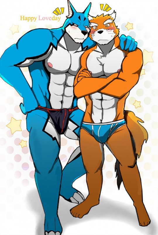 abs anthro blue_body blue_fur blush bulge celebrate clothed clothing duo erection erection_under_clothing etsuna_f_seiei_(gundam_00) fur hand_on_shoulder kamen light male male/male muscular nipples orange_body orange_fur photo pilot simple_background skimpy spd speedo swimwear topless white_background white_body white_fur bearlovestiger13 dekaranger masato gundam gundam_00 power_rangers power_rangers_spd tokusou_sentai_dekaranger dekamaster doggie_kruger xia_(gundam_00) canid canine canis domestic_dog mammal wolf hi_res