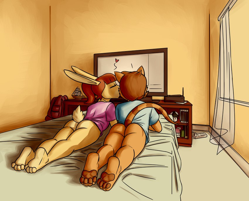 4_toes adolescent anthro anthro_on_anthro arm_support bed_sheet bedding biped blue_clothing blue_shirt blue_t-shirt blue_topwear bottomless bottomless_anthro bottomless_female bottomless_male brown_body brown_fur brown_hair brown_pawpads brown_stripes butt cheek_tuft clothed clothed_anthro clothed_female clothed_male clothing curtains detailed_background duo dutch_angle electronics extended_legs extension_cord eyelashes eyes_closed faceless_anthro faceless_character faceless_male facial_tuft feet female fur fur_tuft grey_bed_sheet grey_bedding hair heart_symbol humanoid_feet inside internal_wall kissing kissing_cheek leaning_on_elbow lying male male/female markings model_ship on_front pawpads pink_clothing pink_shirt pink_t-shirt pink_topwear plantigrade pointy_ears prick_ears red_hair romantic romantic_couple router scut_tail shadow shirt short_hair short_tail soles striped_markings striped_tail stripes t-shirt tail tail_markings tan_body tan_fur television television_stand thick_eyelashes toes topwear translucent translucent_curtains tuft wall_(structure) window young young_anthro young_female young_male redout nickelodeon t.u.f.f._puppy annie_hill fan_character josh_kass domestic_cat felid feline felis lagomorph leporid mammal rabbit 2021 digital_media_(artwork) hi_res