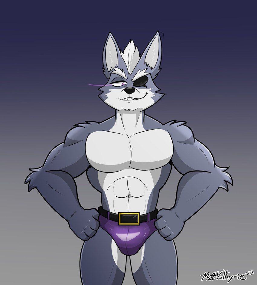 abs anthro belt briefs bulge clothing eye_patch eyewear fur grey_background grey_body grey_fur male muscular muscular_anthro muscular_male pecs purple_briefs purple_clothing purple_underwear simple_background smile smirk solo teeth underwear mattvalkyrie nintendo star_fox wolf_o'donnell canid canine canis mammal wolf hi_res