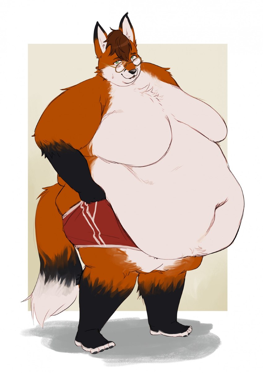 anthro belly_overhang big_moobs black_body black_fur brown_hair chest_tuft clothed clothing ear_tuft eyewear eyewear_on_head fur glasses hair looking_at_viewer love_handles male moobs morbidly_obese morbidly_obese_anthro morbidly_obese_male multicolored_body multicolored_fur obese obese_anthro obese_male orange_body orange_fur overweight overweight_anthro overweight_male red_clothing red_underwear shadow solo tail tail_tuft thick_thighs tuft underwear underwear_only wearing_glasses white_body white_fur fattybread canid canine canis fox mammal red_fox true_fox hi_res