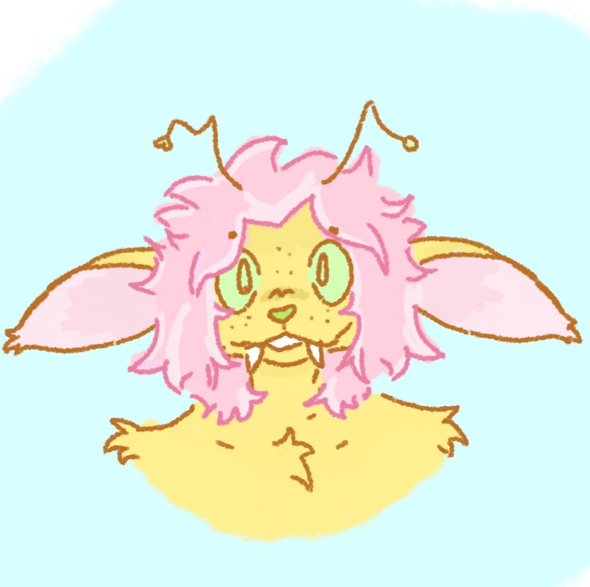 antennae_(anatomy) anthro arm_tuft big_ears chest_tuft ear_tuft eyebrows fangs fluffy fluffy_hair freckles green_eyes hair heart_nose heart_symbol male male/male nude pink_hair shoulder_tuft solo teeth tuft yellow_body totalstinker froople_(totalstinker) domestic_cat felid feline felis mammal unknown_species
