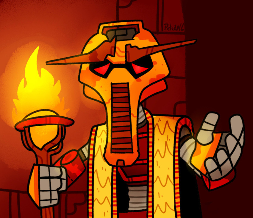 5_fingers ambiguous_gender armor clothing eyebrows fingers fire holding_object looking_at_viewer machine mask mouthless not_furry orange_body red_background red_eyes robe simple_background solo staff standing thick_eyebrows billfrancois bionicle lego vakama humanoid robot turaga 2016 digital_drawing_(artwork) digital_media_(artwork) male_(lore)