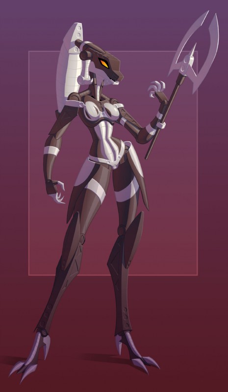 anthro biped breasts claws female front_view grey_body hair holding_object holding_weapon machine melee_weapon multicolored_body multicolored_eyes non-mammal_breasts open_mouth polearm sharp_teeth simple_background small_breasts smile solo standing teeth toe_claws trident two_tone_body two_tone_eyes weapon breaker-of-oaths bionicle lego roodaka biomechanical humanoid reptile scalie vortixx 2018 digital_drawing_(artwork) digital_media_(artwork) hi_res unavailable_at_source