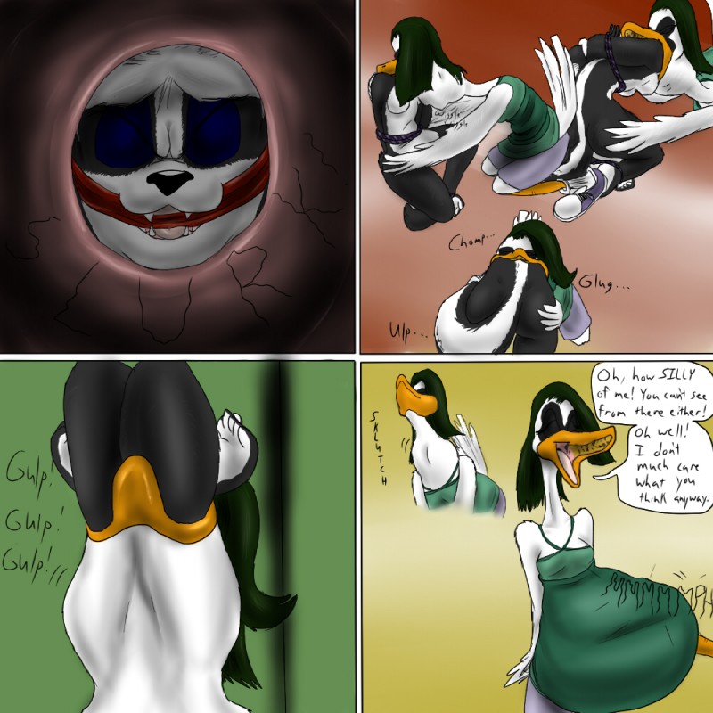 anthro bdsm belly bondage bound clothed clothing dress duo female female_pred internal nude oral_vore simple_background swallowing taunting vore humbug_(artist) beth_weishar leslie_dipietro anatid anseriform anserinae avian bird mammal mephitid mute_swan skunk swan 1:1 comic