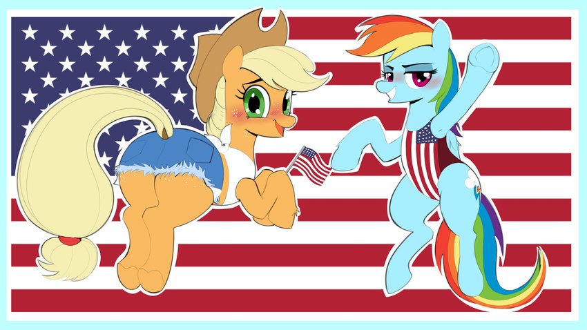 american_flag blonde_hair blue_body blue_border blush blush_lines border bottomwear butt clothed clothed_feral clothing cowboy_hat cutie_mark cutoffs daisy_dukes denim denim_bottomwear denim_clothing dock_(anatomy) duo eyebrows eyelashes feathered_wings feathers female feral flag flag_background flag_swimwear freckles furgonomics green_eyes grin hair half-closed_eyes hat headgear headwear hooves hotpants long_hair looking_at_viewer looking_back looking_back_at_viewer multicolored_hair multicolored_tail narrowed_eyes open_mouth open_smile orange_body quadruped rainbow_hair rainbow_tail shorts smile tail teeth topwear underhoof united_states_of_america wings yellow_tail ton618 friendship_is_magic hasbro my_little_pony mythology applejack_(mlp) rainbow_dash_(mlp) earth_pony equid equine horse mammal mythological_creature mythological_equine pegasus pony hi_res