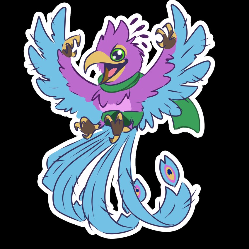 anthro avian_feet beak biped blue_body clothing feathered_crest feathered_wings feathers green_eyes head_crest jumping male pink_body scarf tail tail_feathers winged_arms wings artofreina gyro_feather avian bird galliform peafowl phasianid 1:1 alpha_channel hi_res