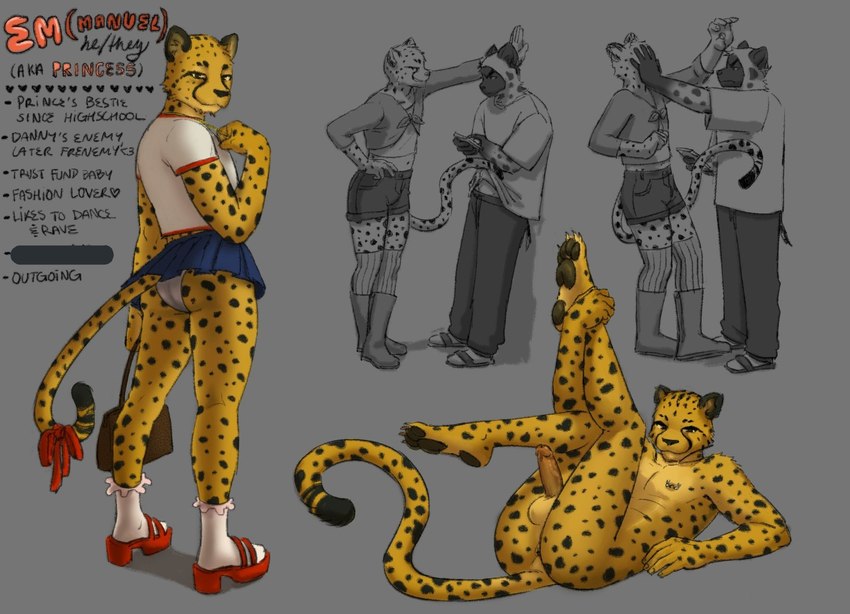 annoyed anthro anus balls bottomwear clothed clothing crossdressing eyebrows femboy flirting fur genitals humanoid_genitalia humanoid_penis male markings penis purse skirt socks_with_sandals spots spotted_body spotted_fur tail tail_under_skirt text gayrider8 danny_(gayrider8) em_(gayrider8) cheetah felid feline hyena mammal spotted_hyena english_text hi_res trans_(lore) trans_man_(lore)